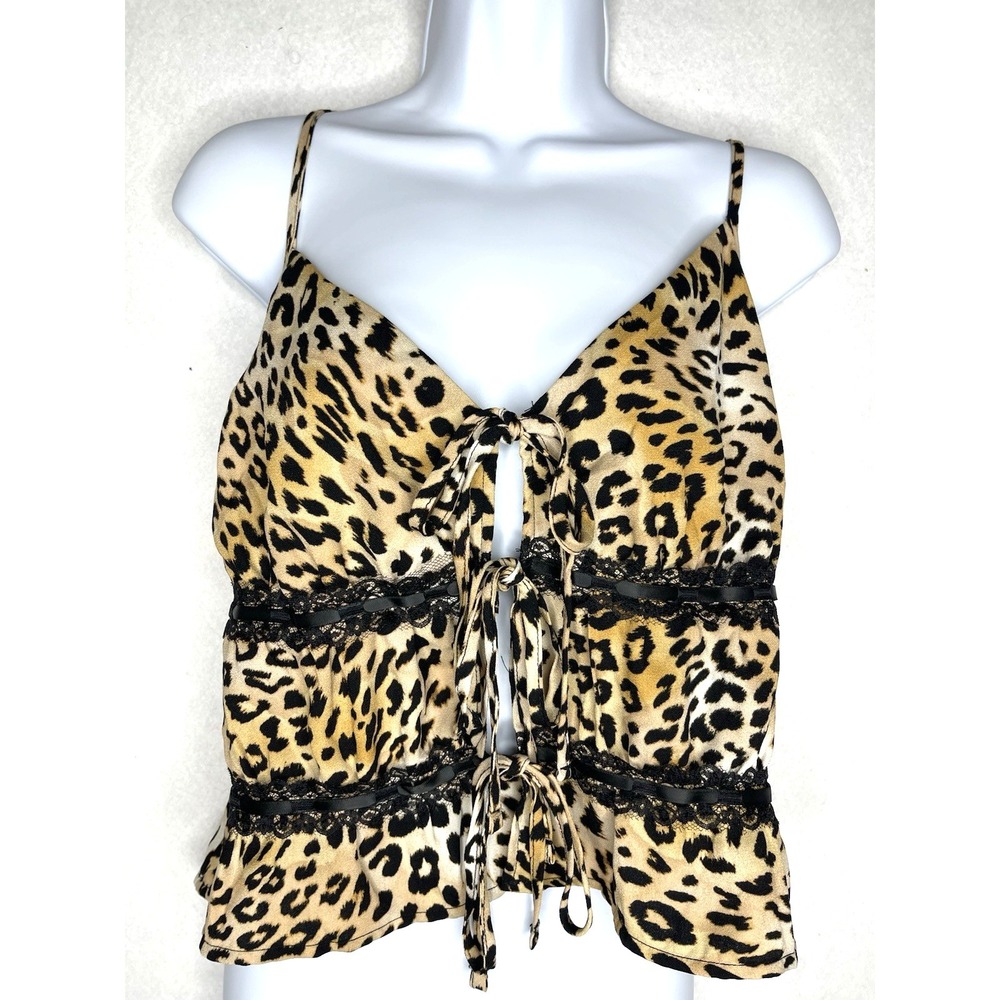 Y2K tie-front baby doll‎ cami black lace trim leopard XXL Beachy Keen festival